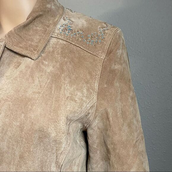 Brandon Thomas Tan Leather Jacket Cutout Turquoise Design Beaded Detail Medium - Picture 7 of 16